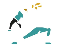 Deux joueurs de football américain stylisés en action. L'un, blanc et or, est en position offensive; l'autre, turquoise et noir, en défense.