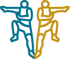 Deux silhouettes stylisées, bleue et dorée, en position miroir de combat ou de danse. Mouvement dynamique et athlétique.